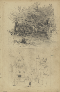 809966 Boven: gezicht in de tuin bij het Maliehuis (Maliebaan 2) te Utrecht.Onder: schets van een onbekende lokatie.